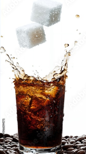 Sugar cubes falling into iced coffee with a splash and no people