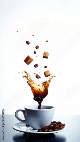Coffee splash with falling beans and sugar cubes into a white cup