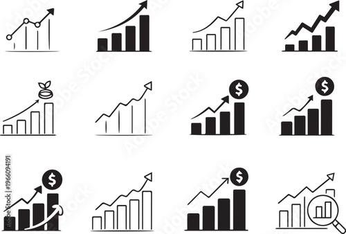 Business Growth Analytics Icon Set, Financial Chart and Profit Increase Icons, Revenue and Investment Vector Pack, Outline and Solid Style