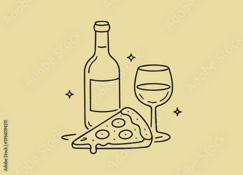 Pizza and Wine Line Art Illustration, Minimalist Food and Drink Vector, Cozy Lifestyle Monoline Drawing, Restaurant and Cafe Design