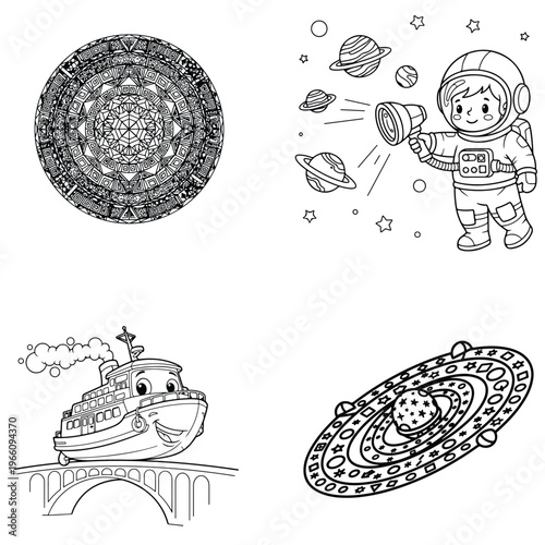 Cute astronaut and space objects coloring pages for kids with black and white with outer space