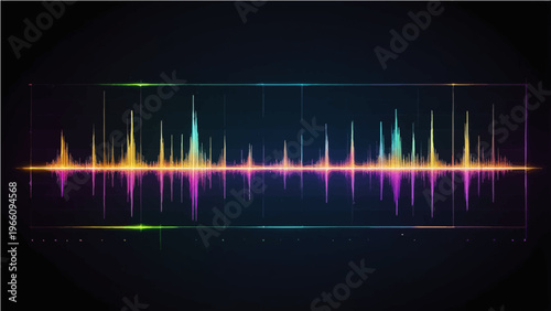 An abstract, multicolored audio spectrum visualization pulsates with vibrant energy, ideal for representing music, sound, or data analysis. 