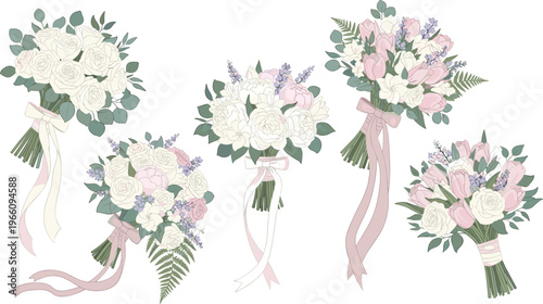 Elegant Wedding Bouquets with Pink and White Roses, Lavender, and Ferns for Bridal and Floral Design Illustrations