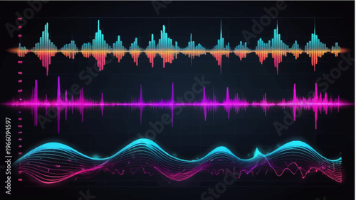 Illustrative audio wave patterns pulse with energy against a dark backdrop, visually representing the dynamics of sound and data visualization. 