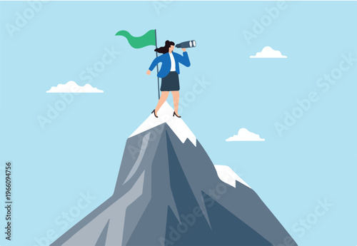 Flat illustration of businesswoman stand on mountain peak with flag binocular looking for new challenge after business achievement