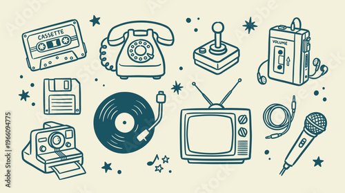 Retro Technology Icons on Cream Background