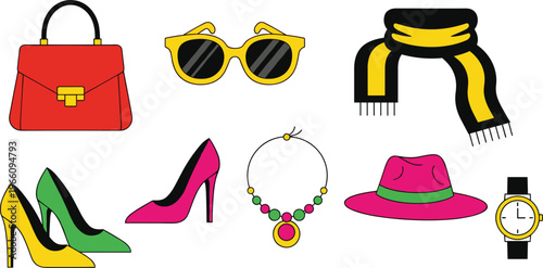 Fashion Accessories Icons Set Featuring Handbag, Sunglasses, High Heels, Scarf, Necklace, Hat, and Watch for Style, Clothing, and Trendy Accessories