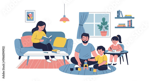 Family playing with blocks on floor.