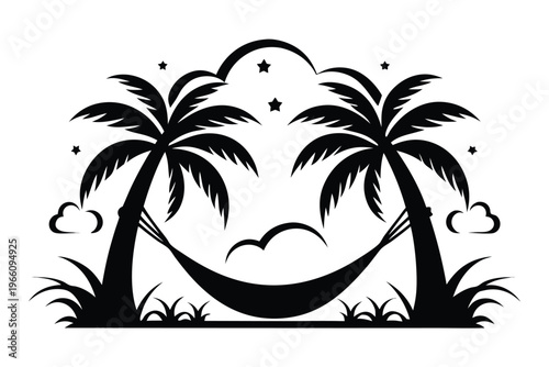 Shady Palm Tree and Hammock Silhouette for Summer Leisure and Vacation Concepts