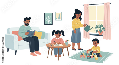 Family with children in living room.