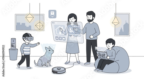 Family with robot vacuum cleaner indoors.