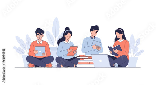 Four young adults sitting with books.