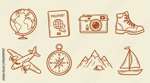 Travel Icons Set with Globe, Passport, Camera and Hiking Boot, Airplane, Compass, Mountains, Sailboat