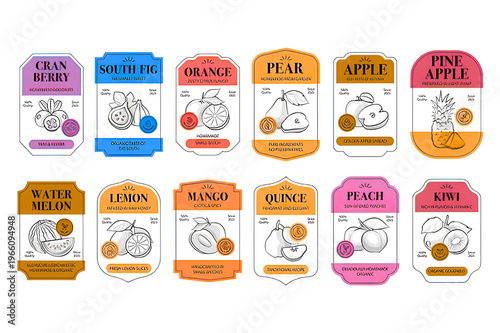 flat lay assortment of twelve fruit infused water labels with hand drawn illustrations