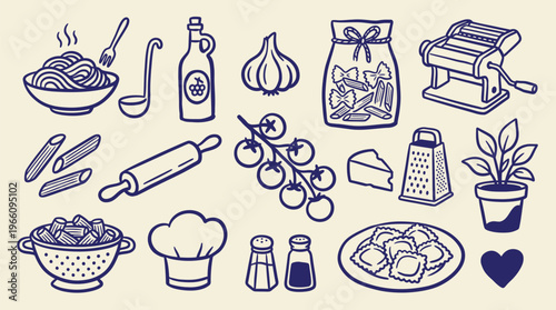 Italian Food Ingredients and Cooking Utensils Collection