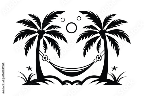 Island Life Illustration with a Palm Tree and Hammock Silhouette Vector Design