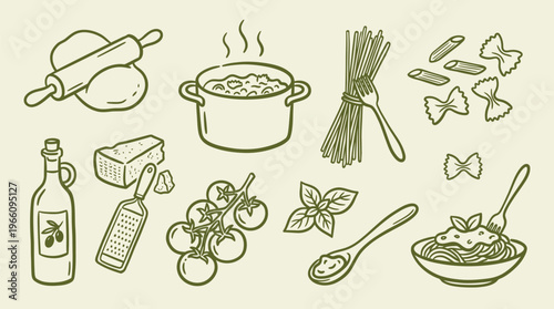 Italian Pasta Ingredients Cooking Process Line Art
