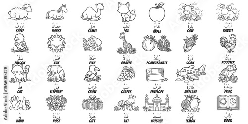 Arabic English vocabulary worksheet kids doodle illustration set