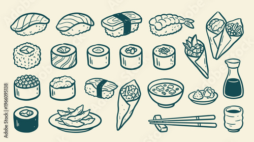Sushi Assortment Hand Drawn Illustration on Beige Background