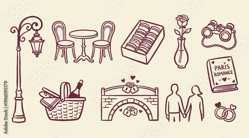 Parisian Romance Symbols Picnic Cafe Bridge Couple Book