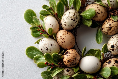 A rustic Easter wreath adorned with speckled eggs, green leaves, and delicate branches, symbolizing the arrival of spring.