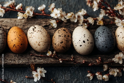 A rustic Easter still life featuring speckled eggs and delicate blossoms, evoking a natural and vintage spring atmosphere.