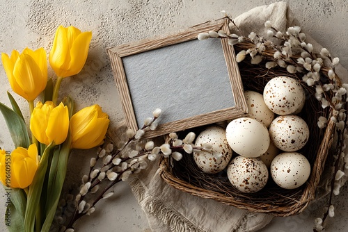 A rustic Easter still life featuring speckled eggs in a basket with pussy willow and yellow tulips.