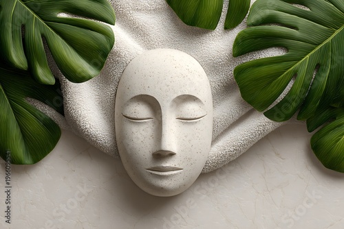 A serene spa scene featuring a stone mask, monstera leaves, and a soft towel, promoting relaxation and wellness.
