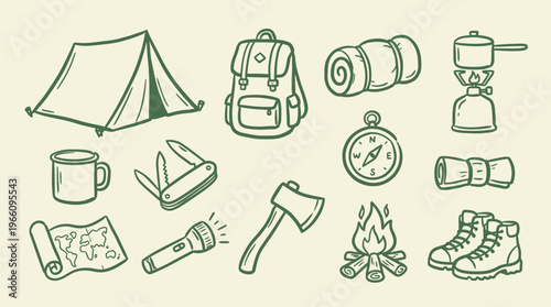 Camping Gear Collection Hand Drawn Icons
