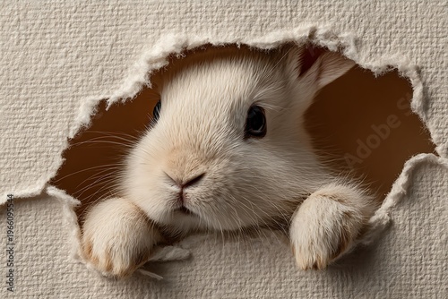 A charming close-up of a fluffy white rabbit peering through a torn paper hole with curious eyes.