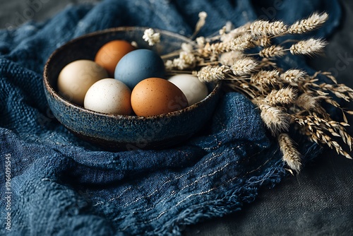 A rustic Easter still life featuring naturally dyed eggs in a bowl with wheat on a textured cloth.