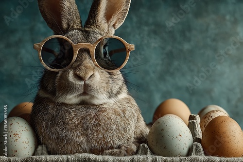 A whimsical Easter image featuring a rabbit wearing sunglasses surrounded by speckled eggs in an egg carton.