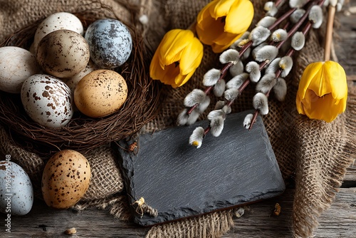 A rustic Easter still life featuring speckled eggs in a nest, yellow tulips, and pussy willow branches on burlap.