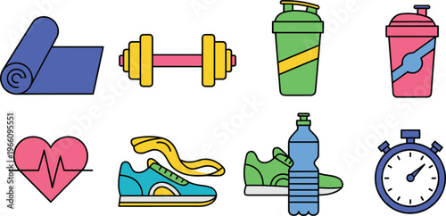 Fitness and Exercise Icons Set Featuring Yoga Mat, Dumbbells, Water Bottle, Sneakers, Heart Rate, Stopwatch, and Protein Shake for Workout and Health