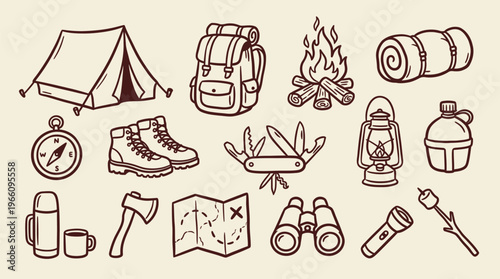 Camping Gear Collection Isolated on Beige Background