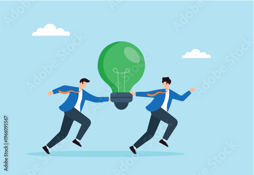 Flat illustration of employees carrying green lightbulb on relay baton run symbolizing shared ESG sustainability effort