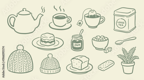 Tea Time Objects Collection with Scones, Cake, Jam and and Hat