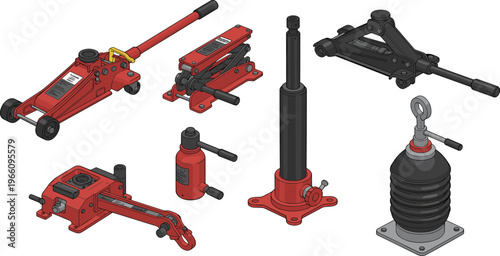 Mechanical jacks illustration with hydraulic, scissor, bottle, pneumatic lifting tools, automotive repair equipment, industrial heavy load lifting design artwork