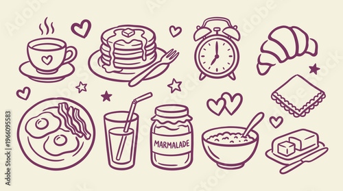 Breakfast Food Icons with Coffee, Pancakes, Eggs and Croissant, and Marmalade