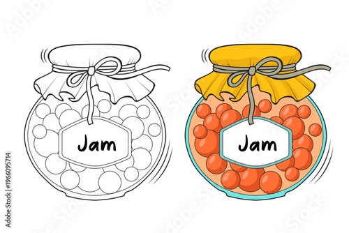 Jam jar outline and colored version side by side, hand drawn food vector illustration for coloring book pages
