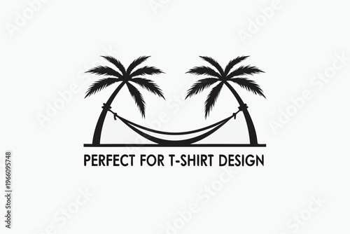 Simple black and white illustration of a hammock hanging between palm trees