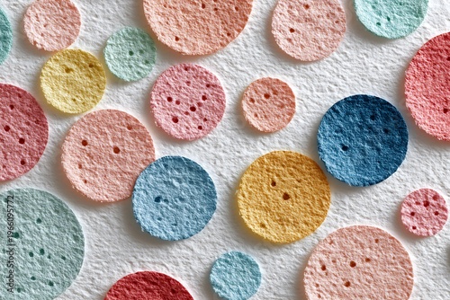 A vibrant and textured close-up of colorful cosmetic sponges arranged on a clean white background, perfect for skincare and beauty concepts.