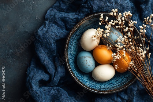 A rustic Easter still life featuring colorful eggs in a blue bowl with gypsophila flowers on a dark background.