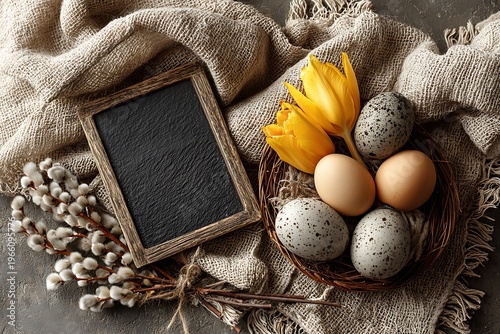 A rustic Easter still life featuring eggs in a nest, yellow tulips, a chalkboard, and pussy willow on burlap.