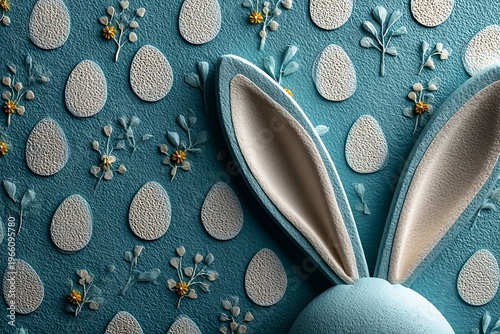 A whimsical Easter scene featuring bunny ears, textured eggs, and delicate flowers against a serene blue background, evoking spring's charm.