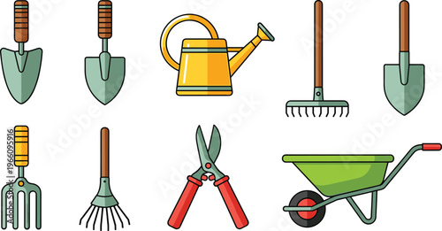 Gardening Tools and Equipment Icons Set Featuring Shovels, Watering Can, Rake, Pruning Shears, Fork, Wheelbarrow, and Garden Tools for Outdoor and Horticulture Designs