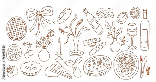 hand drawn seamless pattern of fresh vegetables, herbs, and kitchenware in line art style