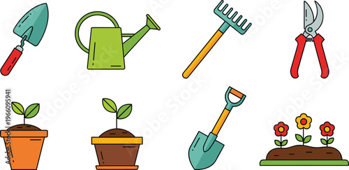 Gardening Tools and Plants Icons Set Featuring Trowel, Watering Can, Rake, Pruning Shears, Pots, Flowers, and Shovel for Garden Care, Horticulture, and Outdoor Design