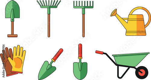 Gardening Tools and Equipment Icons Set Featuring Shovels, Rakes, Gloves, Watering Can, and Wheelbarrow for Outdoor, Landscaping, and Horticulture Designs