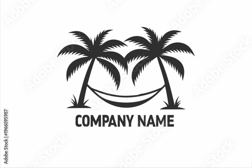 Artistic black and white palm tree silhouette with a hammock for resort branding